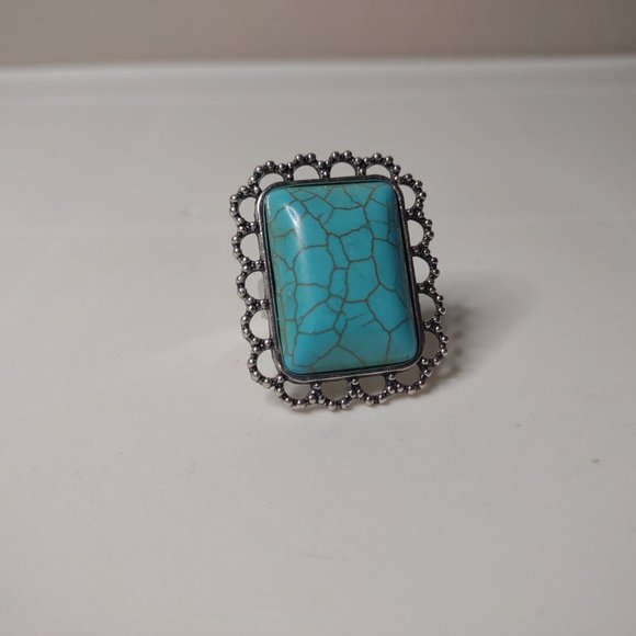 Large Rectangular Blue And Silver Tone Ring Size 7.75 - Picture 2 of 13